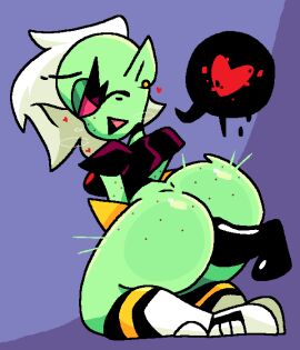 1girls ass big_ass big_butt black_cock black_penis black_shirt bottomless curvy curvy_female disney disney_channel disney_xd ear_piercing eyelashes female freckles freckles_on_ass green_body green_skin heart hearts_around_head jjoyplus looking_back lord_dominator male on_knees open_mouth penis pink_sclera pointy_ears sex_from_behind shaved_side shoes sneakers socks speech_bubble spoken_heart thick_thighs thighs villainess wander_over_yonder white_hair