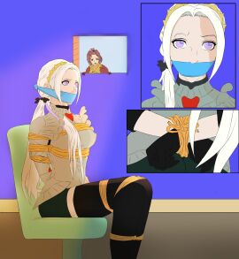 2girls alternate_costume alternate_hairstyle arms_behind_back ass bernadetta_von_varley big_ass bondage bound bound_legs bound_wrists breasts caught chair cloth_gag edelgard_von_hresvelg female female_only femsub fire_emblem fire_emblem:_three_houses fire_emblem_warriors:_three_hopes front_ponytail fully_clothed gag gagged gloves grey_eyes hair_over_shoulder improvised_gag long_hair medium_breasts mogobdsm multiple_females multiple_girls nintendo official_alternate_costume official_alternate_hairstyle over_the_mouth_gag ponytail purple_eyes purple_hair rope shocked short_hair sitting small_breasts solo_focus thighhighs very_long_hair white_hair