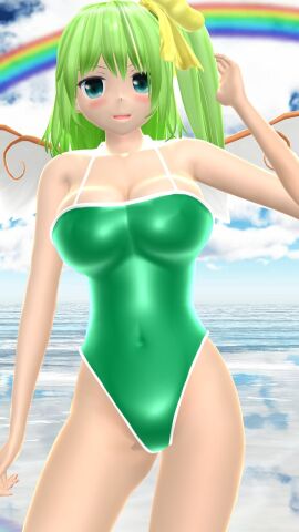1girls 2023 3d belly_button blue_eyes blush breasts cleavage clouds daiyousei embodiment_of_scarlet_devil fairy fairy_wings female green_bikini green_hair hati_yukkuri_mmd light-skinned_female light_skin looking_at_viewer mmd one_arm_up open_mouth outdoors rainbow sea short-haired_female sky solo_female solo_focus swimsuit touhou waist water wings yellow_ribbon