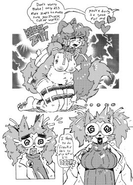 2d 2girls anthro areola badge belly_overhang belly_tuft biped black_and_white bodily_fluids cammypuppy clothing coat collar digital_media drooling duo electricity ellipsis english_text eyewear female female_only fluffy fluffy_tail flying_sweatdrops furry glasses hair handwritten_text heart_in_mouth heart_symbol hi_res kneeling labcoat lightning mammal monochrome multiple_females multiple_girls nipples original profanity restrained_legs saliva shock_collar simple_background species_request speech_bubble spiral_eyes spiral_glasses sweat sweatdrop sweater tail tears tears_of_pleasure text thera_(cammypuppy) tied_hair topwear tuft turtleneck wendy_(cammypuppy) white_background