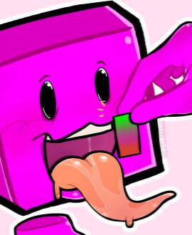 2boys blush blush_lines close-up consuming cube divineflesh_(artist) drool drooling forced_vore height_difference holding hungry jeremy_(regretevator) long_tongue male male/male male_only micro non-human open_mouth oral_vore pink_body regretevator roblox roblox_game saliva saliva_string size_difference smiling tongue tongue_out unpleasant_gradient vore