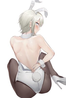 1girls blush bunny_ears bunny_tail bunnysuit faust_(limbus_company) female limbus_company looking_back lub2an pantyhose project_moon short_hair sitting white_hair