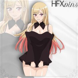 1girls black_dress cleavage dress_tug embarrassed female gyaru hfxpins innocent kitagawa_marin sono_bisque_doll_wa_koi_wo_suru tagme wholesome yellow_hair