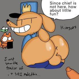 1girls 3boys amphibian animal_humanoid anthro anus ass canid canine canis clothing dav_pilkey dog_man_(character) dog_man_(series) domestic_cat domestic_dog eyelashes felid feline felis female fur genitals green_body green_skin gregory_bailey gregory_knight group hi_res humanoid imminent_sex imminent_zoophilia indecent_exposure jaw_drop joke kittycatz lil_petey male male/male mammal molly_(dogman) orange_body orange_fur pants_around_thighs penis petey_the_cat police police_badge police_dog police_officer police_uniform presenting presenting_ass simple_background smile smirk smirking_at_partner smug tadpole teeth_showing text uniform watermark wide_eyed zoophilia