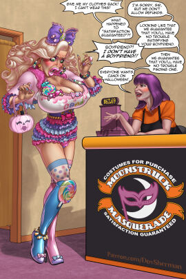 1boy 1girls anklet apron bimbo bimbofication blonde_hair blush breast_expansion breast_growth breast_growth_(enlargement) breasts breasts_bigger_than_head brown_eyes bulge bulge_under_clothes candy corset crossdressing dovsherman drag_queen earrings embarrassed employee employee_uniform english english_text female feminization frilled_skirt frills green_eyes halloween halloween_pumpkin halloween_theme heels hoop_earrings huge_breasts latex lipstick makeover makeup male multicolored_nails patreon patreon_url patreon_username pink_eyeshadow pink_lipstick pink_nails price purple_hair purse red_lipstick ring shocked speech_bubble text thigh_highs url