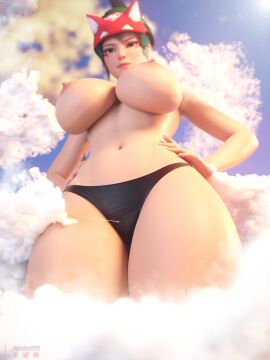 1girls 3d airplane black_panties black_underwear blizzard_entertainment breasts cloud clouds female female_focus female_only front_view giantess green_skin human human_female hyper_giantess japanese japanese_female jessicagts kiriko_(overwatch) kiriko_kamori looking_down looking_over_breasts overwatch overwatch_2 panties plane sky solo solo_female solo_focus topless topless_female underwear