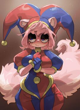 1girls anthro big_breasts blush breasts cosplay female female_only fur glitch_productions heart namuta oc original original_character pink_hair pomni_(cosplay) pomni_(the_amazing_digital_circus) short_hair tail the_amazing_digital_circus