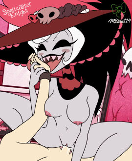 1boy 1girls black_eyes black_lipstick cannibal cowgirl_position cum cum_drip cum_dripping cum_dripping_out_of_pussy cum_in_pussy cum_inside cumdrip dripping dripping_cum dripping_pussy dripping_semen fangs female grey_body grey_skin hat hazbin_hotel internal_cumshot licking licking_hand long_tongue male male_out_of_frame mature_female mbhen114 neckwear no_pupils out_of_frame out_of_frame_male partial_male penis pussy rosie_(hazbin_hotel) sharp_teeth short_hair smile spellcaster_knight white_hair