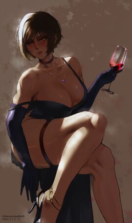 1girls big_breasts blush breasts brown_hair cleavage collar dark_skin dress female gloves jewelry limbus_company long_gloves long_hair outis_(limbus_company) project_moon short_hair sitting tan_body thick_thighs tongue tongue_out wine wine_glass yellow_eyes