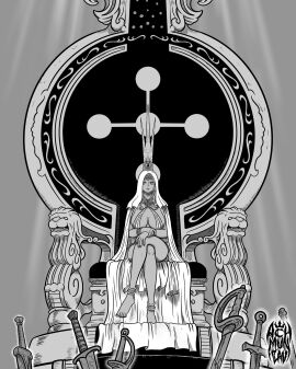 1girls achmunzav belly_dancer belly_dancer_outfit black_and_white bracelet bracelets cover covered_nipples covering_crotch crown dark-skinned_female dark_skin empress expressionless fan_character female female_only head_covered imu_(one_piece) jewelry legs_crossed monochrome nefertari_lili one_piece piercing_eyes queen revealing_clothes revealing_outfit royalty shoeless sitting sword swords throne tiara villainess