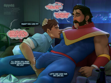 2boys appasart bara beard boner_in_pants boner_under_clothes bulge daddy dilf dispatch_(game) erection_under_clothes erection_under_clothing gay licking_nipple licking_nipples male male_only muscular muscular_male older_male_and_younger_male phenomaman robert_robertson