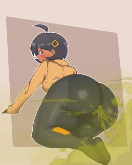 1girls ahoge ass ass_bigger_than_head ass_focus big_ass big_butt black_hair blush blush_lines bodysuit bodysuit_under_clothes bottom_heavy brown_jacket bubble_ass bubble_butt clothed clothed_female clothing coat dark-skinned_female dark_hair dark_skin emma_(pokemon) emma_(pokemon_legends:_z-a) fart fart_cloud fart_fetish farting farts female female_focus female_only game_freak hair_ornament hairclip huge_ass jacket latex looking_at_viewer looking_back looking_back_at_viewer matiere_(pokemon) matiere_(pokemon_legends:_z-a) motion_lines nasponarpi nintendo pokemon pokemon_legends:_z-a purple_eyes rear_view short_hair simple_background solo solo_female solo_focus sweatdrop white_outline