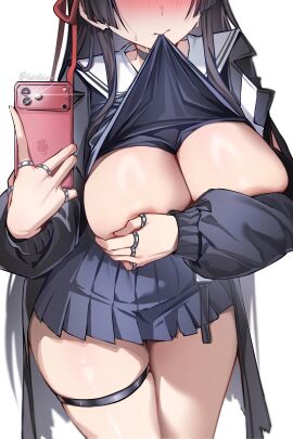 1girls artist_name big_breasts big_butt big_nipples blush chisa_(wuthering_waves) covering covering_breasts female garlicow phone school_uniform schoolgirl shirt_in_mouth simple_background solo solo_female solo_focus sweat thighband white_background wuthering_waves