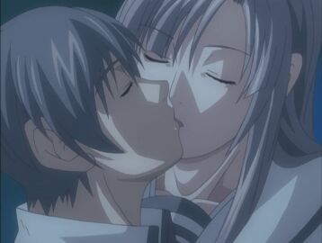 1boy 1girls animated animated_gif black_hair brown_hair cleavage_(game) female green_eyes hair_ribbon inseki kissing male ova stepbrother_and_stepsister toudou_erika toudou_yuuto