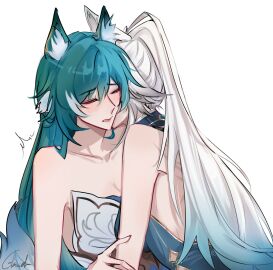2d 2girls animal_ears animal_humanoid artist_signature blue_hair blush blush_lines blushing canine_humanoid cleavage clothed clothed_female color colored coloured emanata eyes_closed feixiao_(honkai:_star_rail) female female/female female_only fox_ears fox_humanoid glaciel0602 gradient_hair green_hair hand_on_arm honkai:_star_rail honkai_(series) hoyoverse implied_kiss kemonomimi kissing kissing_neck light-skinned_female light_skin mouth_open neck_kiss open_mouth polychrome simple_background straight_hair tagme two-tone_hair very_long_hair white_background white_hair yukong_(honkai:_star_rail) yuri