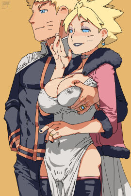 1boy 1girls 2023 black_nails blonde_hair blue_eyes boruko boruto:_naruto_next_generations breasts collar collarbone covered_erect_nipples cowboy_shot dated dress earrings facial_mark father_and_son feet_out_of_frame female genderswap genderswap_(mtf) grabbing grabbing_another's_breast half-closed_eyes highres human incest jewelry large_breasts long_sleeves looking_to_the_side magi male nail_polish naruto naruto_(series) parted_lips pelvic_curtain ring rule_63 short_hair simple_background smile standing teeth thighs uzumaki_boruto uzumaki_naruto wedding_band whisker_markings white_dress yellow_background