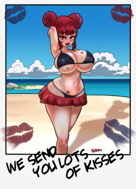 1girls big_breasts bikini breasts cleavage english_text female lipstick lipstick_mark makeup miniskirt oc polaroid postcard rainbow_party red_hair revealing_clothes short_skirt skirt skom_(artist) solo text wide_hips
