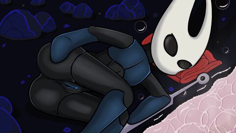 2023 2_horns arthropod ass black_body black_eyes black_nose bubble cloak clothing digital_media_(artwork) featureless_hands female genitals hand_on_ass hand_on_butt hi_res hollow_knight horn hornet_(hollow_knight) looking_at_viewer lying nail_(weapon) no_artist_signature nude on_ground on_side pussy red_cloak red_clothing rock solo t-55dasha team_cherry water weapon what