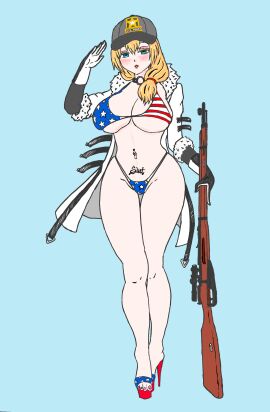 1girls 2023 4th_of_july american american_flag american_flag_bikini army_hat baseball_cap belly_tattoo bimbo bimbofication blonde_hair blue_eyes breasts coat collar female female_focus female_only girls'_frontline gloves gun heels high_heel_sandals high_heels highleg_bikini holding_gun hooded_jacket large_breasts mosin-nagant mosin-nagant_(girls'_frontline) national_personification navel navel_piercing personification platform_heels pubic_tattoo qos queen_of_spades queen_of_spades_symbol rifle salute saluting side_ponytail slut_tattoo solo spade_tattoo tattoo thick_thighs toenail_polish underboob usa waze_(artist) wide_hips