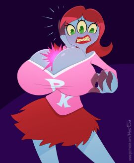 1girls 3_eyes big_breasts breast_expansion breast_growth breast_growth_(enlargement) breast_inflation breasts cheerleader claws cleavage crystal_du_bois disney fangs female fur fur_skirt green_eyes huge_boobs huge_breasts hyperflannel monster_girl monsters_inc monsters_university multi_eye pink_shirt pixar python_nu_kappa red_fur red_hair red_lipstick sharp_teeth solo