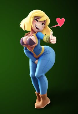 1girls 3d 3d_(artwork) bethesda_softworks big_breasts blonde_hair blush bra breasts clothing computer electronics exposed_breasts fallout female gashi-gashi jumpsuit mob_face one_eye_closed open_clothes pale_skin pip-boy short_hair smile standing the-great-pipmax thick_thighs thighs thumbs_up vault_dweller vault_girl vault_suit wristwear