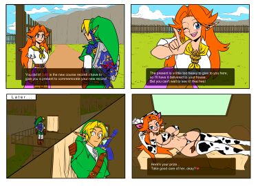 1girls big_breasts bikini blonde_hair blue_eyes blush bowser_brooch cow_girl cow_print cow_print_bikini curvy earrings elf_ears fit green_tunic horns hylian light-skinned_female light_skin link long_hair malon ocarina_of_time pointy_ears red_hair the_legend_of_zelda thick triforce wide_hips