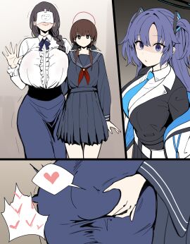 3girls 3koma absurdres artistic_error ass black_hair black_halo black_shirt black_skirt blue_archive blue_eyes blue_necktie blue_skirt braid breasts bright_pupils brown_eyes brown_hair closed_mouth collared_shirt comic cuckquean curvy doodle_sensei_(blue_archive) female female_sensei_(blue_archive) grabbing_another's_ass groping halo hand_on_another's_ass hand_up heart highres huge_breasts jacket large_breasts long_hair long_sleeves looking_at_viewer multiple_females multiple_girls narrow_waist necktie netorare off_shoulder ohitome_kohane open_clothes open_jacket open_mouth paper_on_head project_kv purple_hair red_halo school_uniform sensei_(blue_archive) shaded_face shirt single_braid skirt smile spoken_heart stealth_ass_grab thick_thighs thighs through_clothes waving white_pupils white_shirt wide_hips xipa yuri yuuka_(blue_archive)