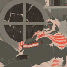 1:1 2024 anthro armpit_hair beard biped body_hair bonfiredemon book bookshelf claws digital_media_(artwork) erection eyewear facial_hair felid feline final_fantasy final_fantasy_xiv finger_claws furniture genitals glasses hair hi_res hrothgar humanoid_genitalia humanoid_penis inside lying male mammal muscular muscular_anthro muscular_male nipple_piercing nipple_ring nipples nude nude_anthro nude_male on_back penis piercing pubes ring_piercing sleeping sleeping_nude solo spot_color square_enix storm white_beard white_facial_hair white_hair