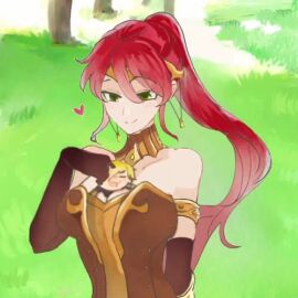 1boy 1girls adorable animated arm_gloves armlet armored_corset bare_shoulders between_breasts blonde_hair bracer breasts circlet cleavage corset cute efr eyebrows_visible_through_hair female floating_heart forest gloves gorget green_eyes happy high_ponytail jaune_arc long_hair male mp4 no_sex no_sound poking_out ponytail pyrrha_nikos red_hair rwby segal03 shiny_hair shiny_skin sidelocks size_difference smile sora_(efr) spoken_heart video wholesome