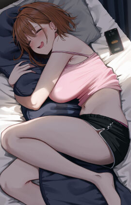 1girls absurd_res armpit_crease bare_shoulders barefoot bed bed_sheet big_breasts black_shorts blush body_pillow breasts brown_hair camisole cellphone closed_eyes closed_eyes_smile dolphin_shorts female female_focus female_only foot_out_of_frame from_above hair_behind_ear hi_res hugging_object indoors light-skinned_female light_skin lying mole mole_on_breast mole_on_stomach mole_under_eye navel ol-chan_(udon) on_bed on_side open_mouth original panties panty_peek phone pillow pillow_hug pink_camisole pink_panties saliva short_hair short_shorts shorts sleeping sleeveless smartphone smile solo solo_female solo_focus spaghetti_strap stomach strap_slip thick_eyelashes thighs udon_(udonalium) underwear white_trim