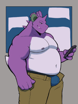 2025 3:4 anthro bara belly biceps blue_briefs blue_clothing blue_underwear bottomwear briefs bulge cellphone clothed clothing deltoids electronics forearm_muscles generation_1_pokemon grin holding_cellphone holding_object holding_phone holding_smartphone kyutka3 looking_at_cellphone looking_at_object looking_at_phone male musclegut muscles muscular muscular_arms navel nidoking nintendo nipples open_bottomwear open_clothing open_pants overweight pants pecs phone pokemon pokemon_(species) purple_body side_view smartphone smile solo speech_bubble standing stocky topless triceps underwear yaoi
