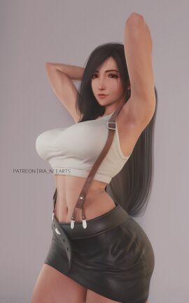 3d 3d_(artwork) black_hair final_fantasy_vii hands_behind_head long_hair midriff red_eyes ria-neearts tagme thighs tifa_lockhart white_tank_top
