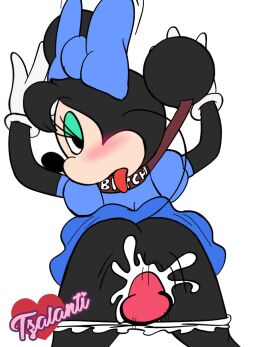 anthro blackmercurius_(artist) collar cum disney female furry leash minnie_mouse partially_clothed pussy standing tzalanti_(artist)