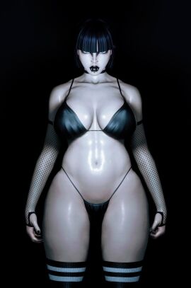 1girls 3d bangs bikini black_background black_bikini black_hair black_lipstick blue_eyes blunt_bangs female female_only fishnet_armwear fishnets goth goth_girl light-skinned_female light_skin lip_piercing looking_at_viewer madeline_zoldak nose_piercing pale-skinned_female pale_skin piercing pumpkinsinclair solo tagme thighhighs