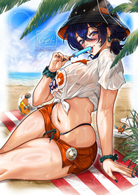1girls beach belle_(summer_skies)_(zenless_zone_zero) belle_(zenless_zone_zero) breasts bucket_hat chie00chan female female_focus female_only highres large_breasts light-skinned_female light_skin looking_at_viewer official_alternate_costume popsicle see-through see-through_clothing short_shorts shorts solo thick_thighs thighs wide_hips zenless_zone_zero