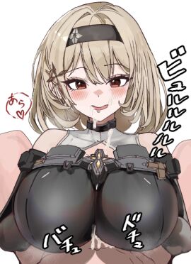 1boy 1girls big_breasts black_bodysuit black_hairband blush bodysuit breasts clothed_female_nude_male clothed_sex clothing_cutout commentary cum cum_on_body facial female goddess_of_victory:_nikke hair_ornament hairband large_breasts light-skinned_female light-skinned_male light_brown_hair light_skin looking_at_viewer male male_pov nude open_mouth paizuri paizuri_under_clothes pov red_eyes red_shoes_(nikke) shironoharuka short_hair shoulder_cutout simple_background smile solo_focus sound_effects straight upper_body white_background