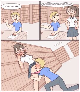 1boy 1girls against_wall comic cunnilingus female funny glasses library licking_pussy male male/female nerd nerdy_female original original_character original_characters pink_panties pussy red7cat round_glasses shaking_legs standing_cunnilingus straight text trembling