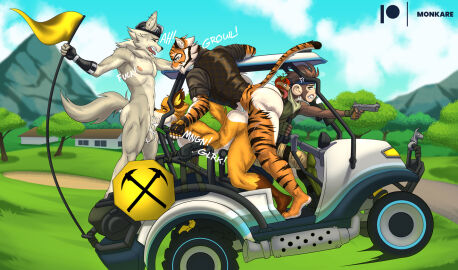 anal anal_sex angry anthro ass balls big_ass big_butt blush bodily_fluids canid canine canis car clothed clothing cum cum_inside detailed_background digital_media_(artwork) english_text epic_games erection felid fennix_(fortnite) fortnite fox fur genital_fluids genitals group group_sex gun hair haplorhine headgear holding_gun holding_object holding_ranged_weapon holding_weapon huge_ass huge_butt humanoid_genitalia humanoid_penis inside_car kareca male male/male male_penetrated male_penetrating male_penetrating_male mammal monkare_(kareca) monkey muscular muscular_anthro muscular_male nude onomatopoeia open_mouth oral orange_body orange_fur oscar_(fortnite) outside pantherine pecs penetration penile penis plant primate ranged_weapon red_fox sex smile sound_effects stripes tail teeth text thick_thighs threesome tiger tongue topwear trio true_fox vehicle weapon wendell_(fortnite) white_body white_fur wolf