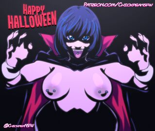 1girls 2024 big_breasts black_background blue_eyes blue_hair breasts cape chickpea color colored dark_background digital_drawing_(artwork) english_text exposed_breasts female female_only halloween jenny_(chickpea) looking_at_viewer nipple_piercing nipples open_mouth original original_character piercing short_hair standing text tongue tongue_out tongue_piercing vampire vampire_girl vampire_teeth