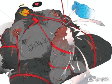 angry_birds anthro avian balls balls_rope bara belly big_treeeee bird bodily_fluids body_hair body_writing bomb_(angry_birds) bondage bound cigarette cock_and_ball_torture cock_and_balls_torture cum cum_drip disembodied_hand dripping erection eye_patch eyewear foreskin genital_fluids genital_rope genital_torture genitals hairy_balls hands_tied_behind_back heart_symbol hi_res holding_cigarette holding_object kneeling male musclegut muscular nipple_piercing nipple_ring nipples penetration penis penis_bondage piercing pubes restraints retracted_foreskin ring_piercing rope rope_bondage rope_harness rope_in_mouth rovio_entertainment scalding scar sega solo sounding_rod submissive tally_marks uncircumcised urethral urethral_penetration vein veiny_penis watermark yaoi