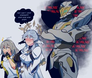 armor armored_female blush bulge_awe bulge_through_clothing clothed clothes clothing female firefly_(honkai:_star_rail) halo honkai:_star_rail honkai_(series) hoyoverse jacket jpeg justa_f1nch larger_female male robot robot_girl sam_(honkai:_star_rail) shorter_male shy smaller_male stelle_(honkai:_star_rail) sunday_(honkai:_star_rail) taller_female trailblazer_(honkai:_star_rail)