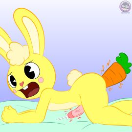 absurd_res anal anal_sex anthro ass ass_up bed bed_covers bed_sheet bedding black_eyes bodily_fluids buckteeth carrot_dildo cuddles_(htf) cum cumshot dildo dildo_in_ass dildo_insertion ejaculation femboy fur furniture genital_fluids genitals happy_tree_friends heart_nose heart_symbol hi_res improvised_dildo improvised_sex_toy lagomorph leporid male male_only mammal object_in_ass open_mouth penetration penis pink_penis rabbit rabbit_ears scut_tail sex_toy sex_toy_in_ass sex_toy_insertion short_tail sirjzau solo tail teeth vibrator yellow_body yellow_fur
