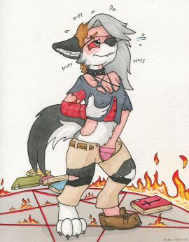 2022 anthro belt bible bible_(object) black_nose bodily_fluids book bottomwear breasts brown_clothing brown_footwear brown_hair brown_shoes canid canid_demon canine claws clothing collar demon eyebrow_piercing eyebrow_ring eyewear facial_piercing fangs female fire footwear foxx fur gender_transformation glasses grey_hair grey_tail hair hand_in_underwear hellhound helluva_boss hi_res holding_breast human human_to_anthro icaron loona_(helluva_boss) mammal masturbation mid-transformation mtf_transformation mythological_canine mythological_creature mythology nipple_outline one_shoe_on pants pattern_clothing pattern_shirt pattern_topwear paws piercing pink_clothing pink_underwear plaid plaid_clothing plaid_shirt plaid_topwear red_sclera ring_piercing shirt shoes signature smile solo sound_effects species_transformation spiked_collar spikes summoning_circle sweat sweatdrop tail teeth toe_claws topwear torn_bottomwear torn_clothing torn_pants torn_shirt torn_topwear transformation underwear wearing_glasses white_body white_eyes white_fur