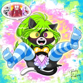 2d 2d_(artwork) 2d_artwork anthro black_cat bob_velseb brainrot cat_girl catgirl clothing colorful_background cringe domestic_cat dress felid feline felis female five_nights_at_freddy's five_nights_at_freddy's:_security_breach flo_(rocky_rakoon) fnaf green_hair hypnosis legwear loona_(helluva_boss) mammal mind_control rocky_rakoon roxanne_wolf_(fnaf) scottgames solo steel_wool_studios stockings