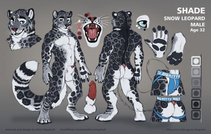 animal_genitalia anthro balls clothing digitigrade erection felid fluffy fluffy_tail genitals jockstrap kinsheph looking_at_viewer male mammal model_sheet open_mouth pantherine pawpads penile_spines penis penis_tip sheath smile snow_leopard solo standing tail underwear