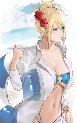 1girls beach bikini blonde_hair blue_bikini blue_eyes blue_swimsuit bracelets breasts clouds female hair_bun hair_flower holding_innertube innertube j@ck large_breasts metroid midriff navel nintendo o-ring_bikini o-ring_swimsuit ocean open_shirt outside samus_aran shirt sky swimsuit water white_shirt