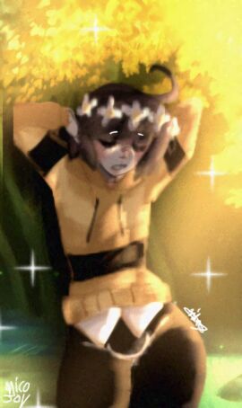 1boy black_pants brown_hair brown_skin daddy daniel_(kaaatie) erect_penis female femboy flowers_in_hair forest_background fundamental_paper_education i_love_you image_set machine_girl_(kaaatie) male male_only penis sun sweater tagme yellow_sweater