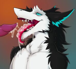 anthro bodily_fluids cum cum_on_tongue fur furry genital_fluids genitals looking_pleasured male neverneverland open_mouth open_smile penis sergal smile solo teeth tongue