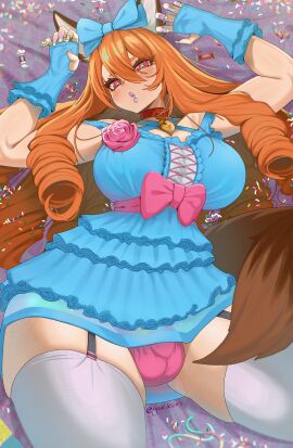 absurd_res accessory big_breasts blush blush_lines bow_dress bow_ribbon breasts bulge canid canine canis cleavage clothed clothing collar colored_nails corsage cute_pose detailed_bulge domestic_dog dress drill_curls eyeliner fingerless_gloves frilly frilly_clothing frilly_dress fully_clothed gaikiken garter_straps glistening glistening_lips gloves gynomorph hair hair_accessory hair_ribbon hairbow handwear herding_dog hi_res huge_filesize humanoid intersex janelle_(pheubel) legwear lips lipstick long_hair looking_at_viewer lying makeup mammal nails on_back orange_hair panties_bulge pastoral_dog portrait ribbons solo spillage squish star_pupils stockings tail thigh_highs thigh_squish three-quarter_portrait welsh_corgi