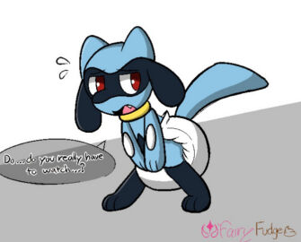 ambiguous_gender bent_over covering_crotch dialogue diaper diaper_fetish diaper_only embarrassed english_text fairyfudge imminent_scat looking_away open_mouth pokemon pokemon_(species) red_eyes riolu shy speech_bubble text wearing_diaper